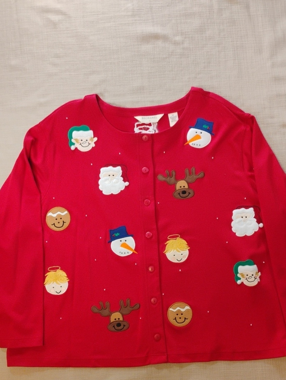 Women's Size 3XL Bechamel Red Holiday Button-Front Shirt with Festive Faces